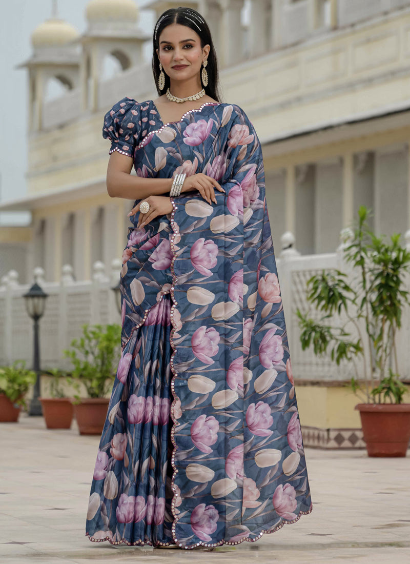 Grey floral print ready-to-wear Chinon silk saree with mirror cut border.