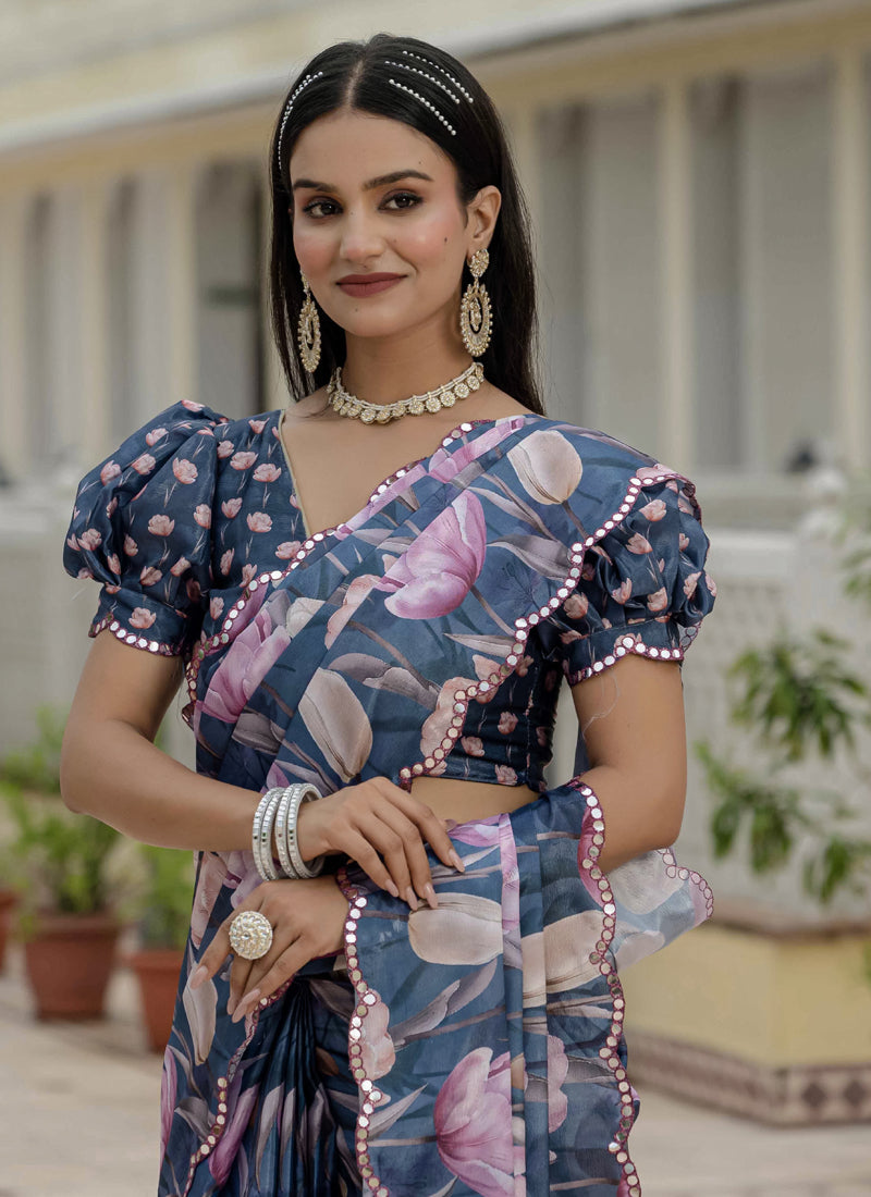 Grey Chinon Silk Floral Print Ready-To-Wear Saree with Mirror Border