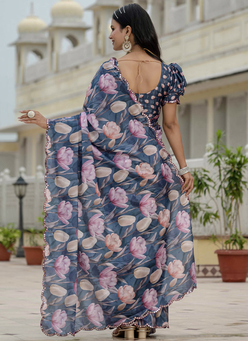 Grey Chinon Silk Floral Print Ready-To-Wear Saree with Mirror Border