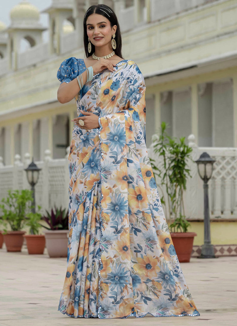 Off-white floral print ready-to-wear saree in Chinon silk with detailed mirror border.