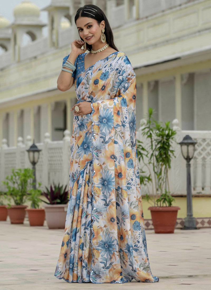Off White Chinon Silk Floral Ready-To-Wear Saree with Mirror Border