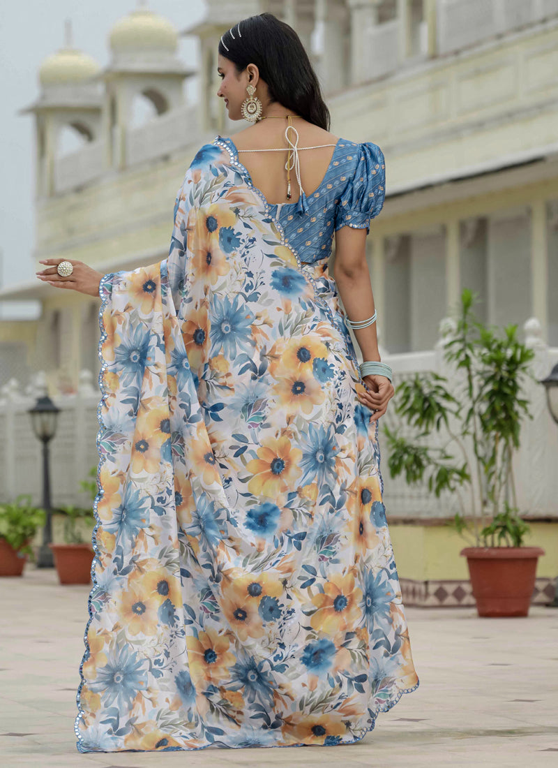 Off White Chinon Silk Floral Ready-To-Wear Saree with Mirror Border