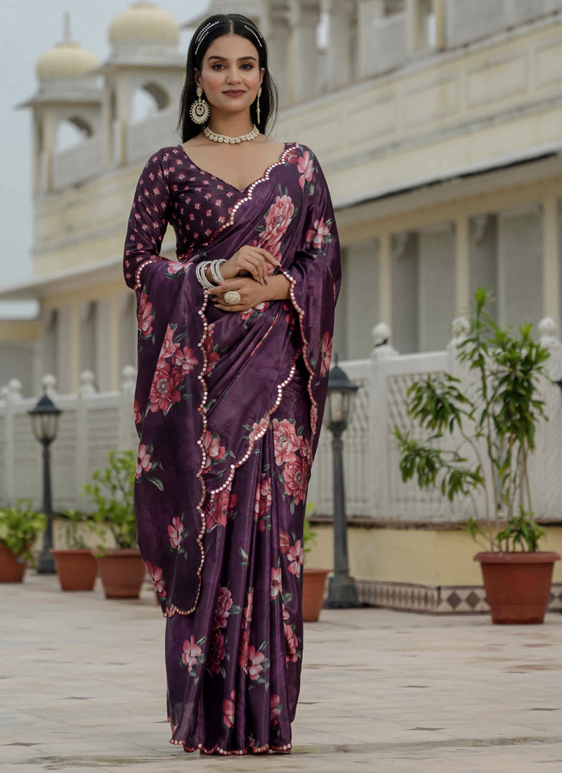 Wine Chinon Silk Floral Ready To Wear Saree With Mirror Border