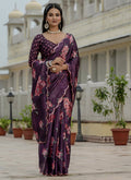 Wine Chinon Silk Floral Ready To Wear Saree With Mirror Border