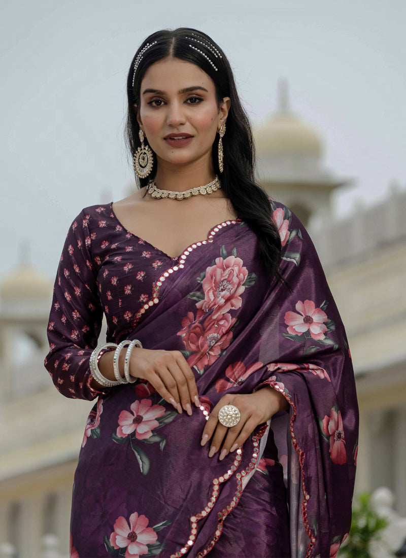 Wine Chinon Silk Floral Ready To Wear Saree With Mirror Border