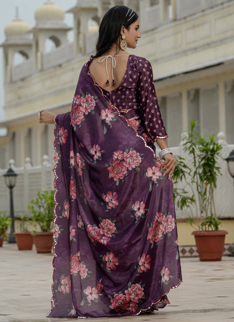 Wine Chinon Silk Floral Ready To Wear Saree With Mirror Border
