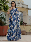 Blue Chinon Silk Floral Printed Ready To Wear Saree