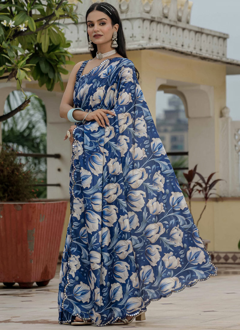 Blue Chinon Silk Floral Printed Ready To Wear Saree