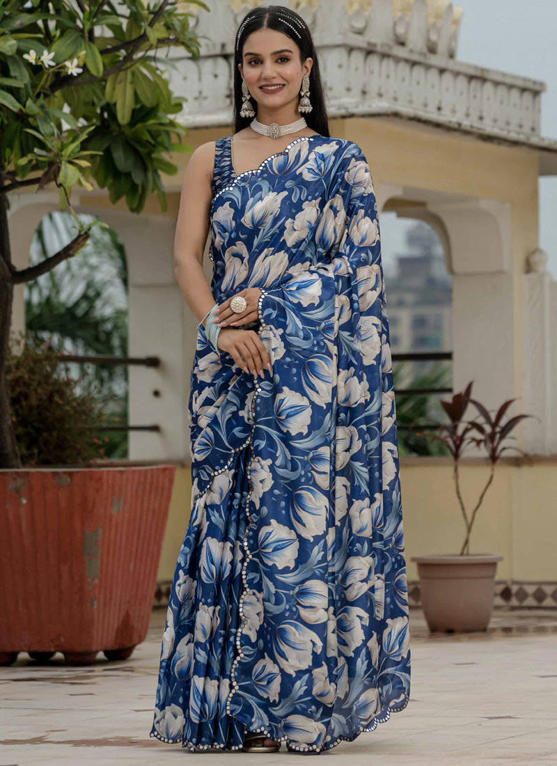 Blue floral printed Chinon silk ready-to-wear saree with mirror-cut border