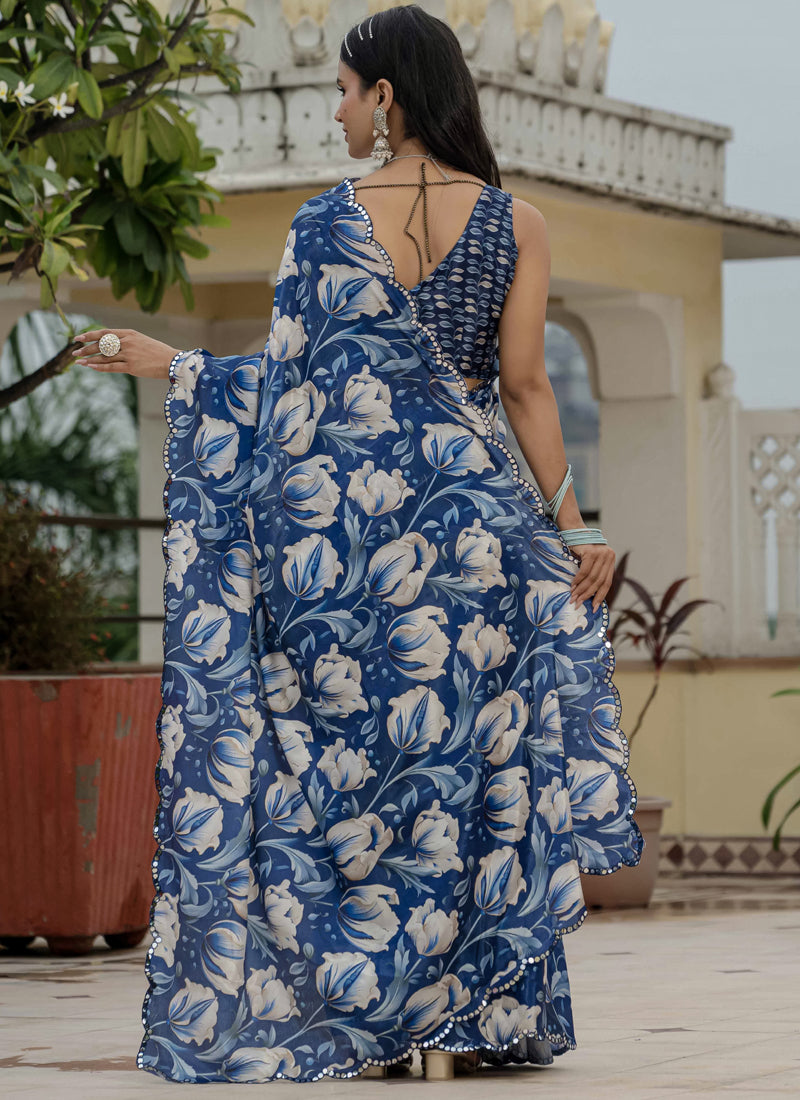 Blue Chinon Silk Floral Printed Ready To Wear Saree