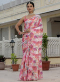 Floral print ready-to-wear Chinon silk saree with decorative mirror cut border