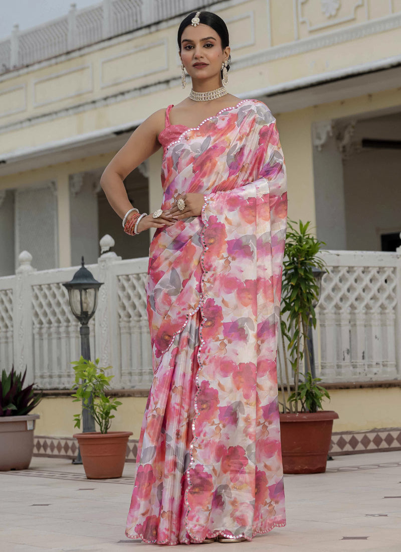 Floral print ready-to-wear Chinon silk saree with decorative mirror cut border