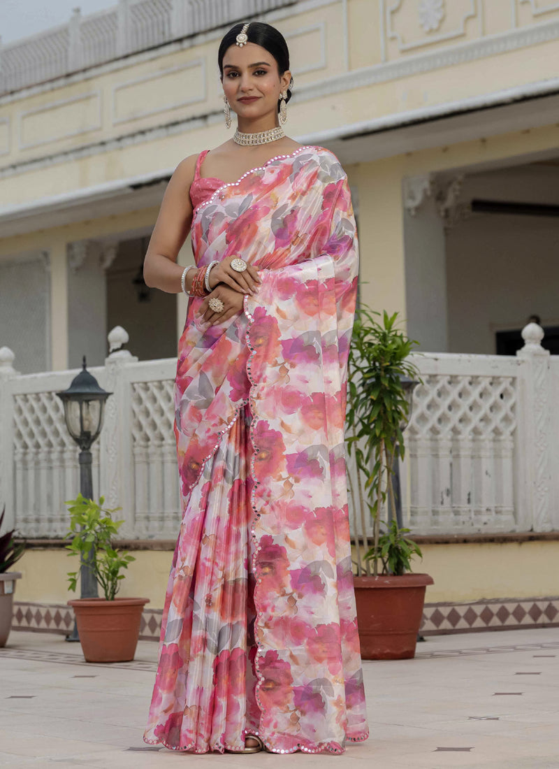 Multi Color Floral Chinon Silk Ready To Wear Saree