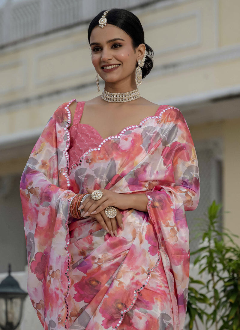 Multi Color Floral Chinon Silk Ready To Wear Saree