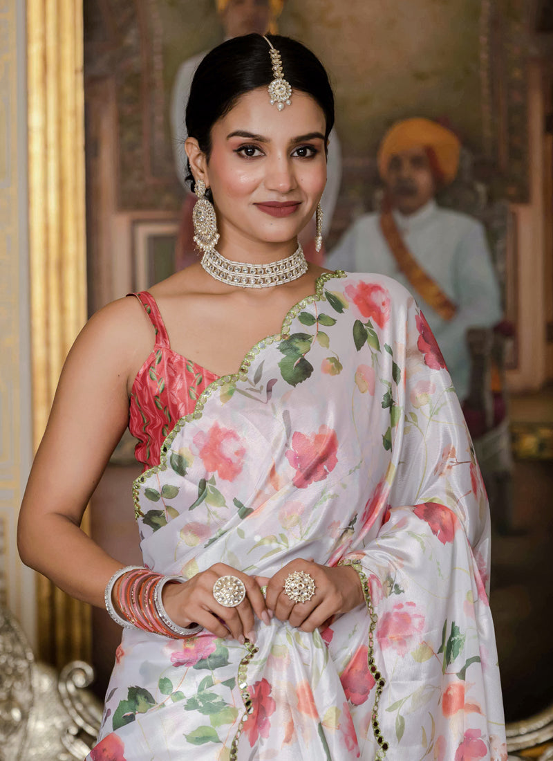 Off White Chinon Silk Floral Saree with Mirror Cut Border