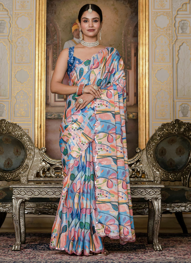 Multi-color floral printed Chinon silk ready-to-wear saree with mirror cut border