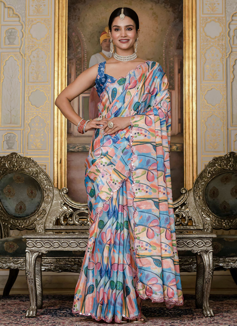 Multi Color Floral Chinon Silk Ready To Wear Saree