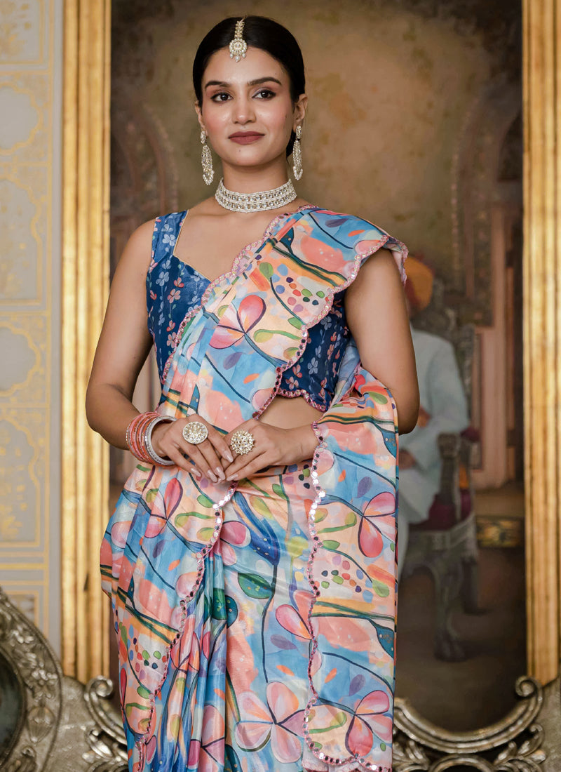 Multi Color Floral Chinon Silk Ready To Wear Saree