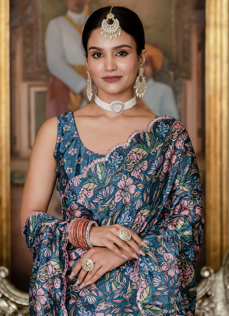 Vegaa Fashion Multi Color Chinon Silk Floral Printed Ready To Wear Saree With Mirror Work Border