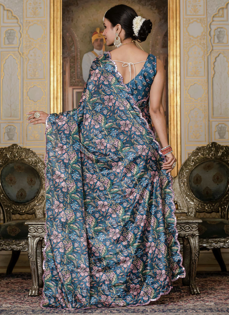 Vegaa Fashion Multi Color Chinon Silk Floral Printed Ready To Wear Saree With Mirror Work Border