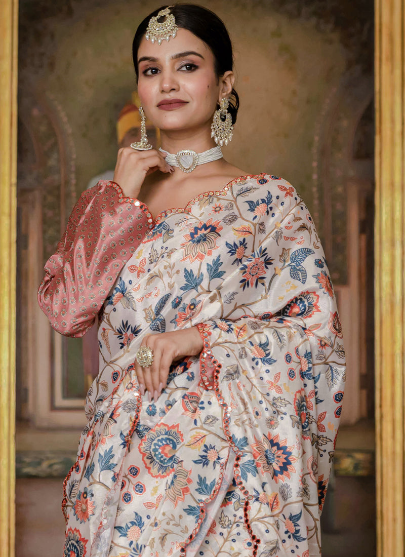 Vegaa Fashion Multi Color Chinon Silk Floral Printed Ready To Wear Saree With Mirror Work Border