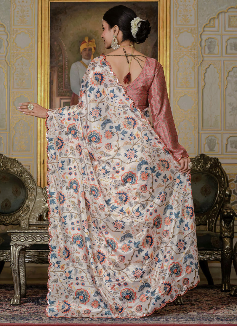 Vegaa Fashion Multi Color Chinon Silk Floral Printed Ready To Wear Saree With Mirror Work Border