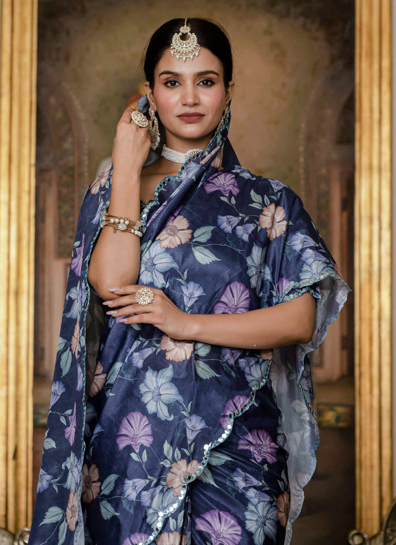 Vegaa Fashion Multi Color Chinon Silk Floral Printed Ready To Wear Saree With Mirror Work Border