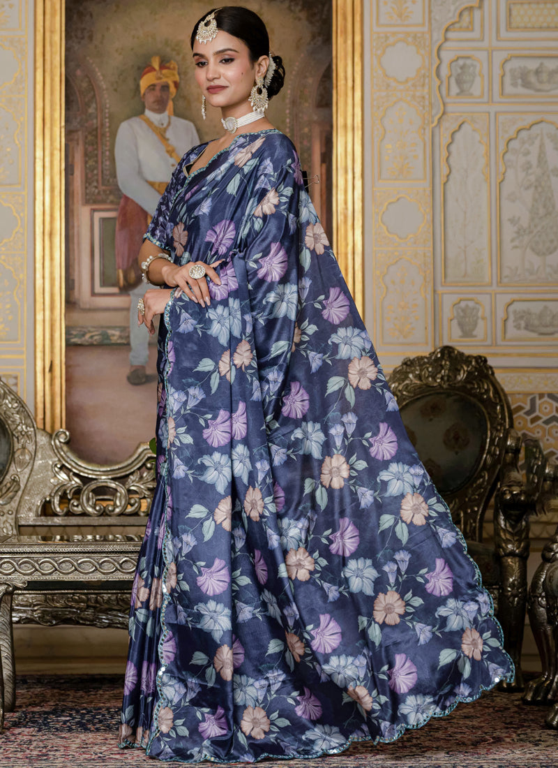 Vegaa Fashion Multi Color Chinon Silk Floral Printed Ready To Wear Saree With Mirror Work Border