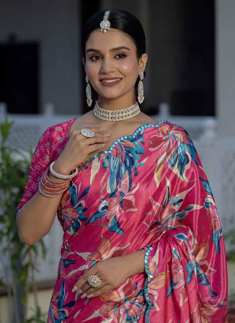 Vegaa Fashion Multi Color Chinon Silk Floral Printed Ready To Wear Saree With Mirror Work Border