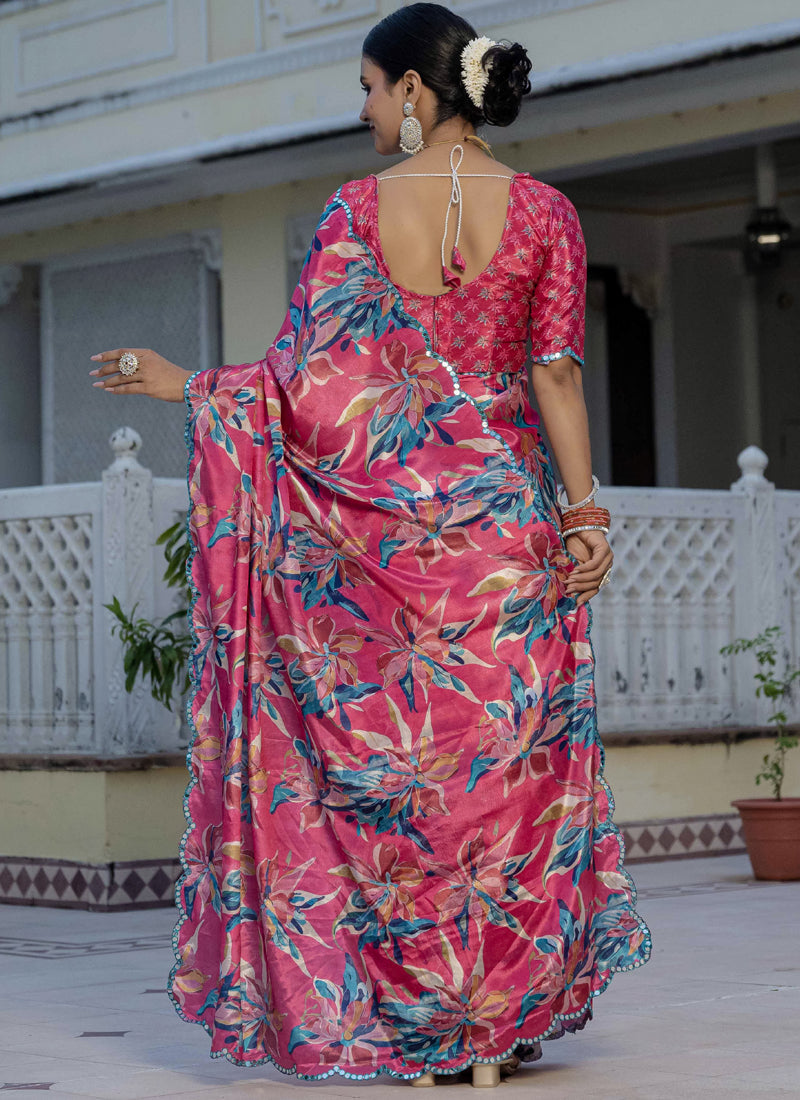 Vegaa Fashion Multi Color Chinon Silk Floral Printed Ready To Wear Saree With Mirror Work Border