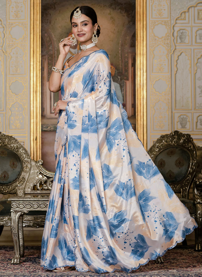 Vegaa Fashion Multi Color Chinon Silk Floral Printed Ready To Wear Saree With Mirror Work Border