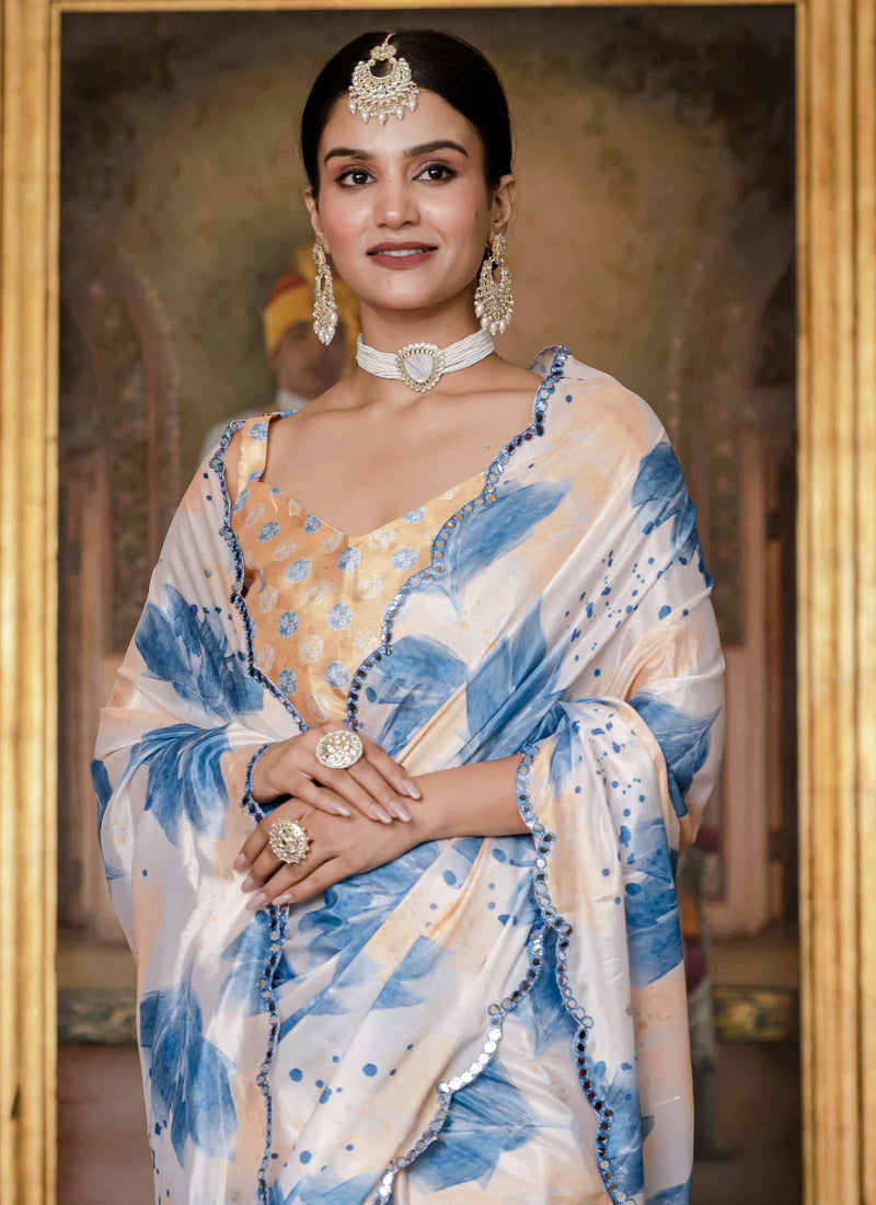Vegaa Fashion Multi Color Chinon Silk Floral Printed Ready To Wear Saree With Mirror Work Border
