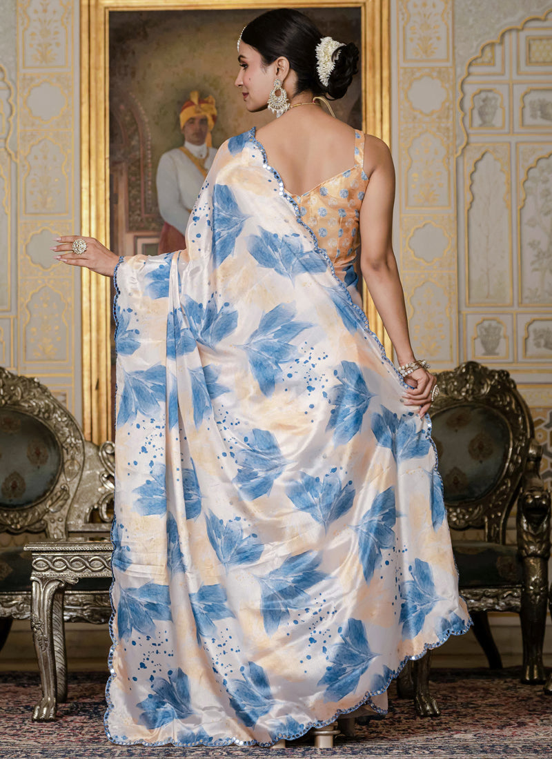 Vegaa Fashion Multi Color Chinon Silk Floral Printed Ready To Wear Saree With Mirror Work Border