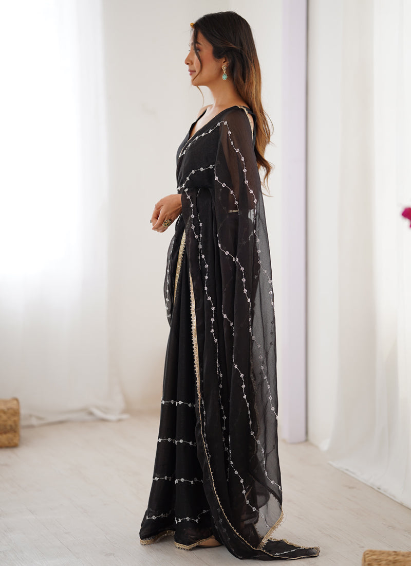 Vegaa Fashion Black Smooth Sitara Fabric Moti & Val Sequence Designer Saree