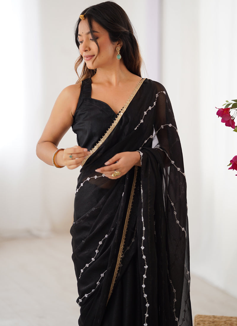 Vegaa Fashion Black Smooth Sitara Fabric Moti & Val Sequence Designer Saree