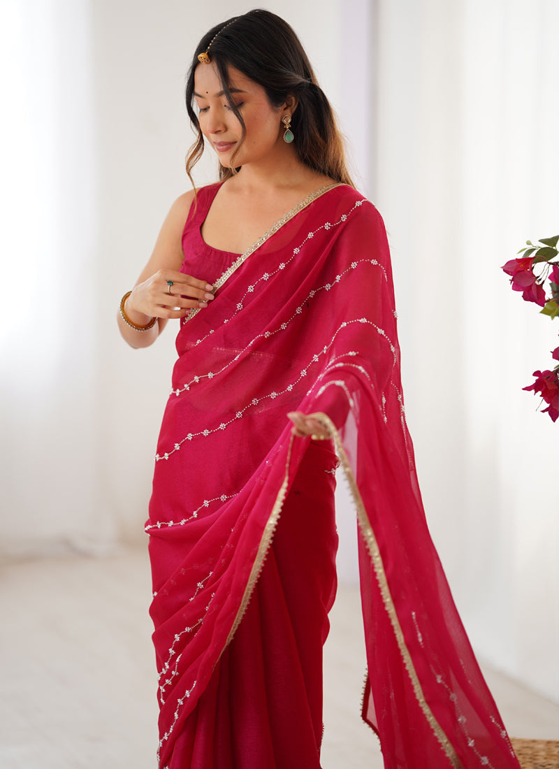 Pink Smooth Sitara Fabric Saree with Moti & Sequence Work