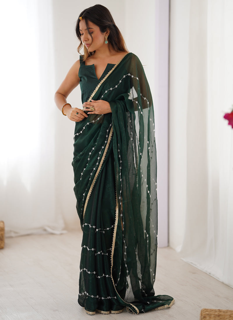 Vegaa Fashion Green Smooth Sitara Fabric Moti & Val Sequence Designer Saree