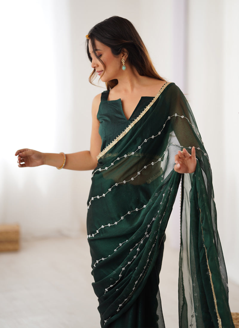 Green Smooth Sitara Fabric Saree with Moti and Val Sequence