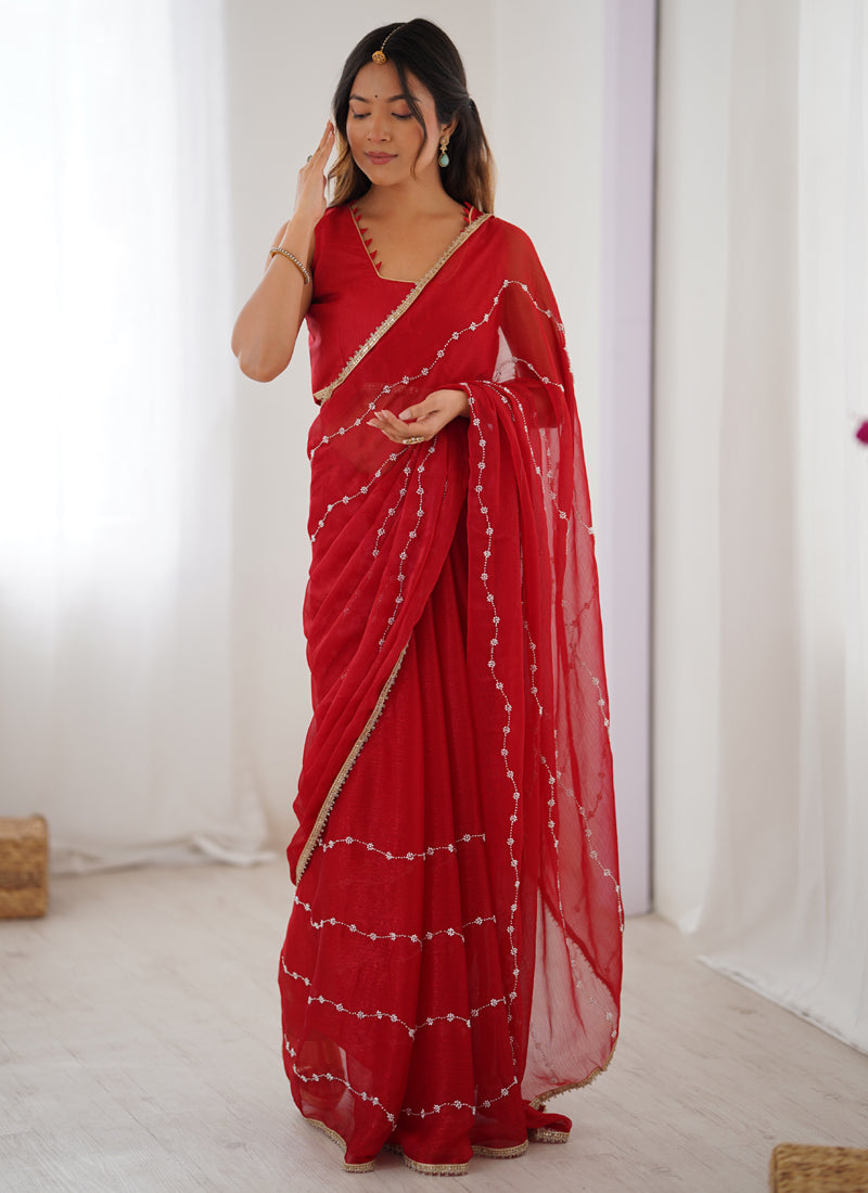 Red Sitara Fabric Designer Saree with Moti and Val Sequence Work