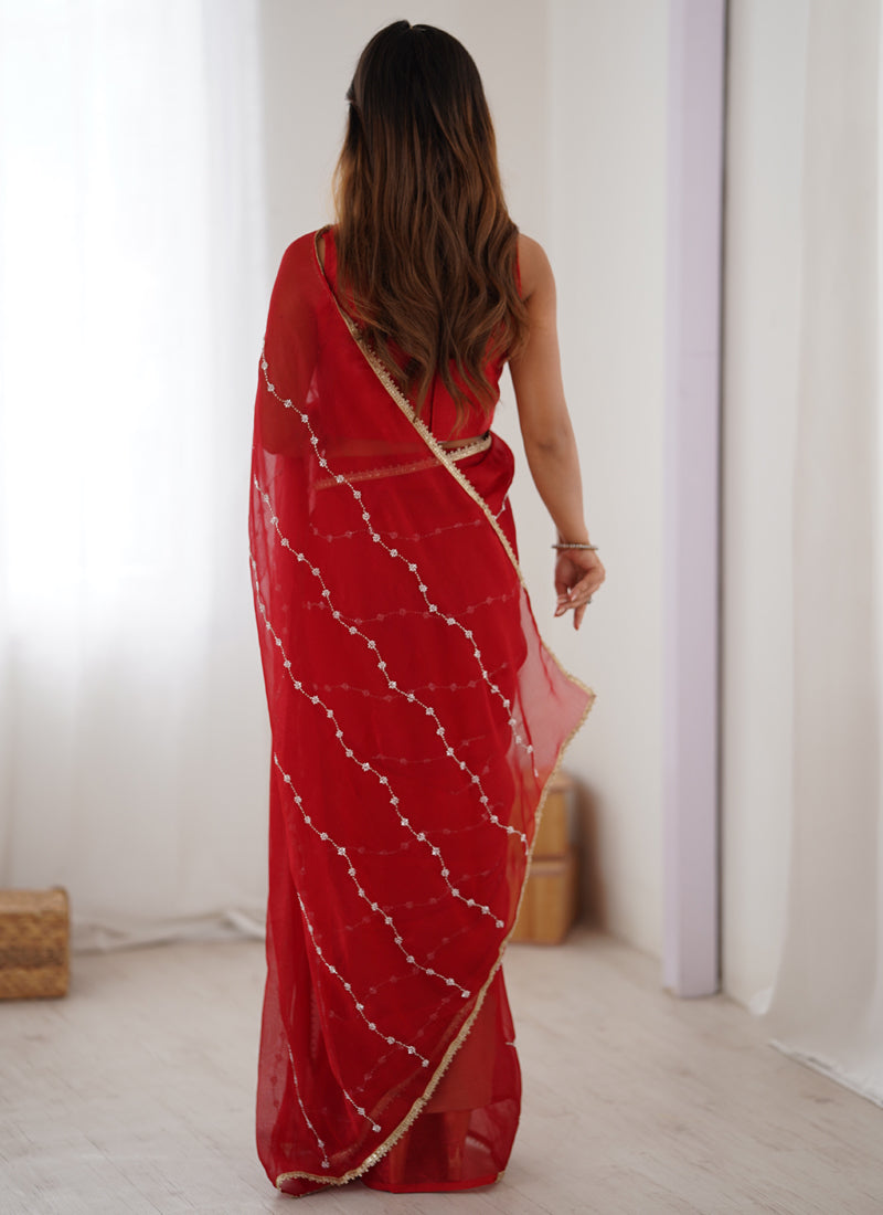 Red Sitara Fabric Designer Saree with Moti and Val Sequence Work