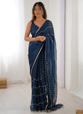 Vegaa Fashion Blue Smooth Sitara Fabric Moti & Val Sequence Designer Saree