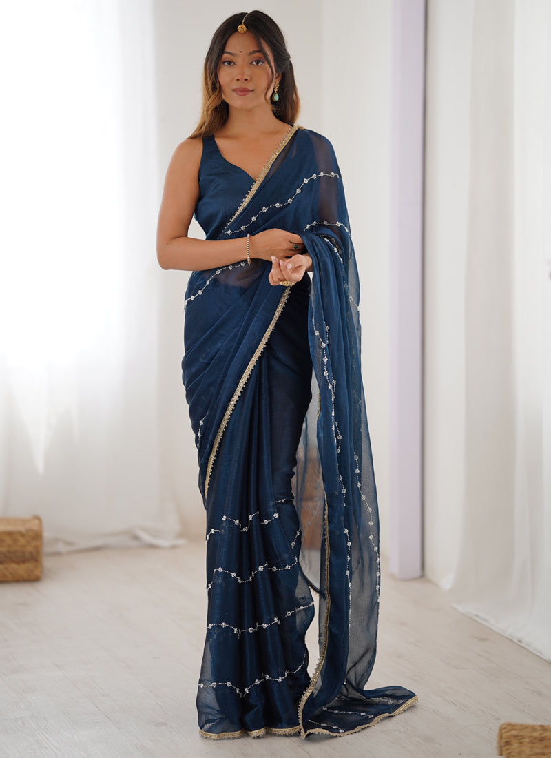 Vegaa Fashion Blue Smooth Sitara Fabric Moti & Val Sequence Designer Saree