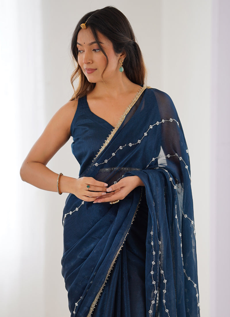 Vegaa Fashion Blue Smooth Sitara Fabric Moti & Val Sequence Designer Saree