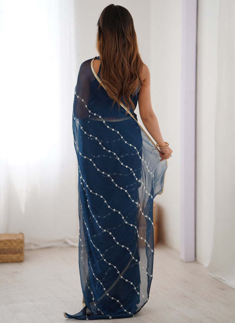 Vegaa Fashion Blue Smooth Sitara Fabric Moti & Val Sequence Designer Saree
