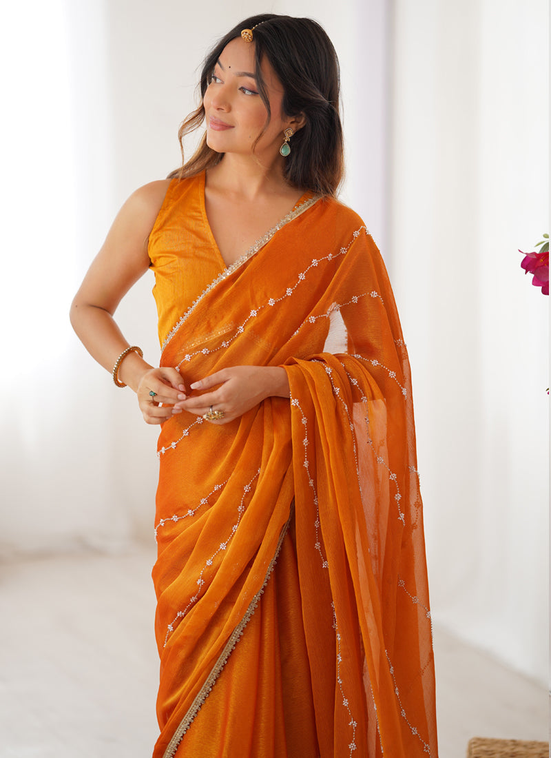 Vegaa Fashion Orange Smooth Sitara Fabric Moti & Val Sequence Designer Saree
