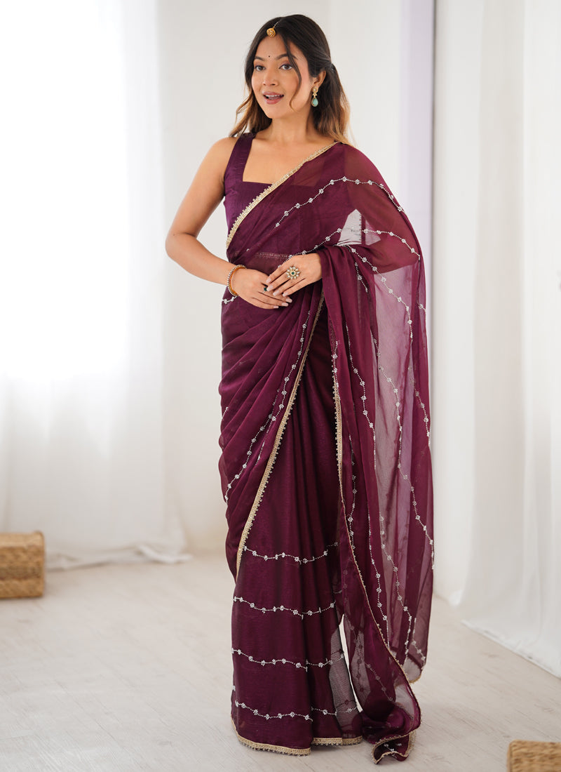 Vegaa Fashion Wine Smooth Sitara Fabric Moti & Val Sequence Designer Saree