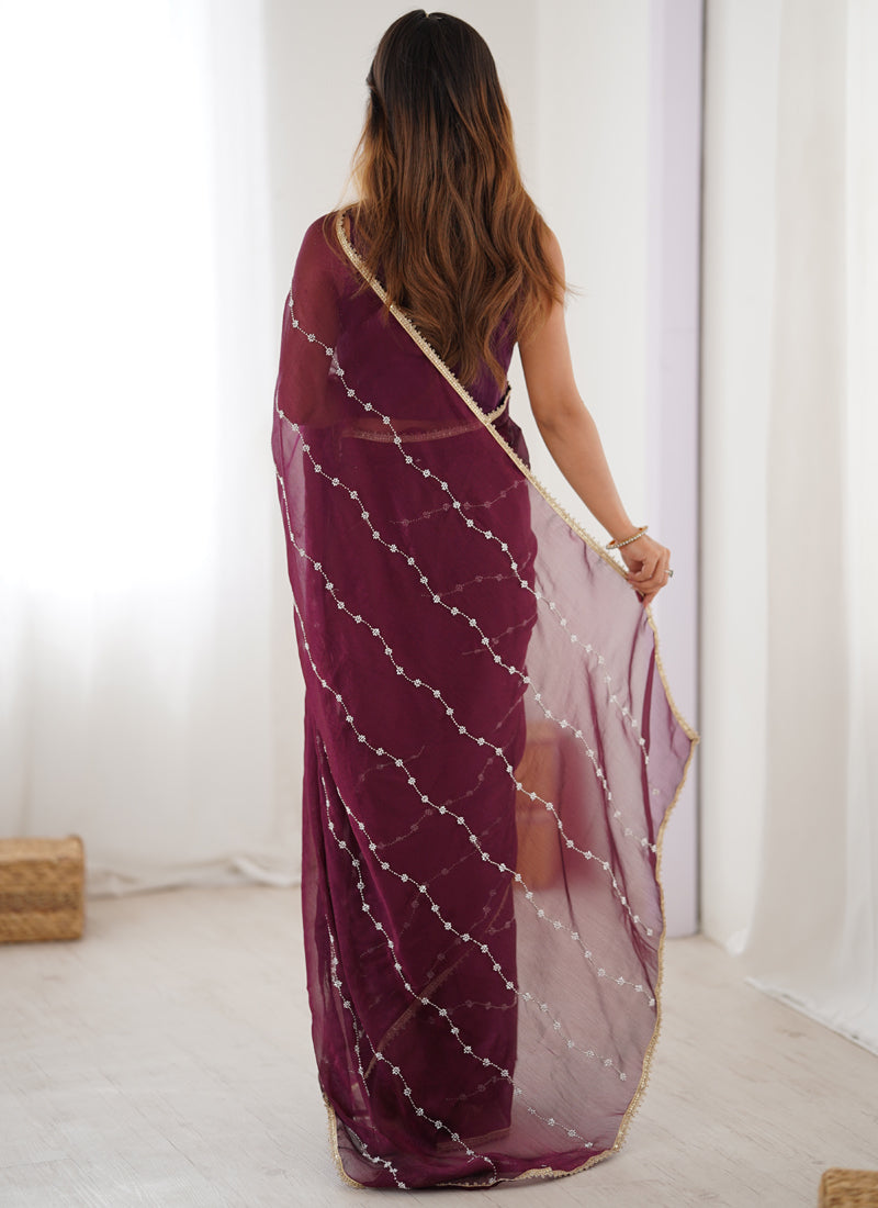 Vegaa Fashion Wine Smooth Sitara Fabric Moti & Val Sequence Designer Saree