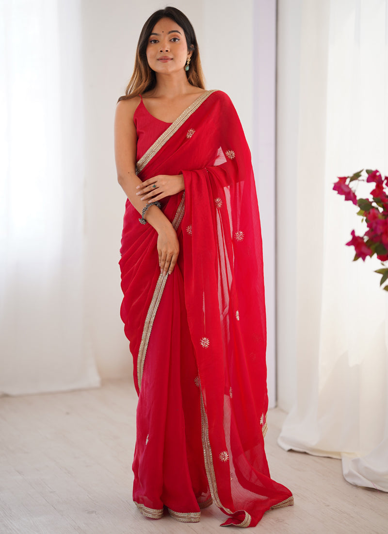 Red Fandy Silk Saree with Moti & Val Sequence Work