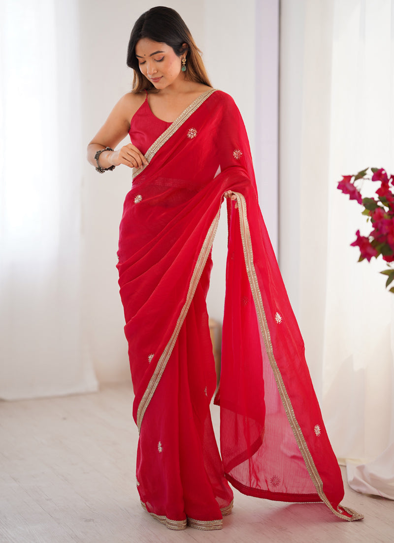 Red Fandy Silk Saree with Moti & Val Sequence Work