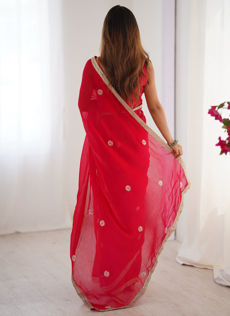 Red Fandy Silk Saree with Moti & Val Sequence Work